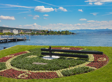 Zurich, Switzerland - May 31, 2019: Lake Zurich, summits of the Alps in the background, view from the city of Zurich. Lake Zurich is a lake in Switzerland, extending southeast of the city of Zurich, which is the largest city of the country and the capitalのeditorial素材