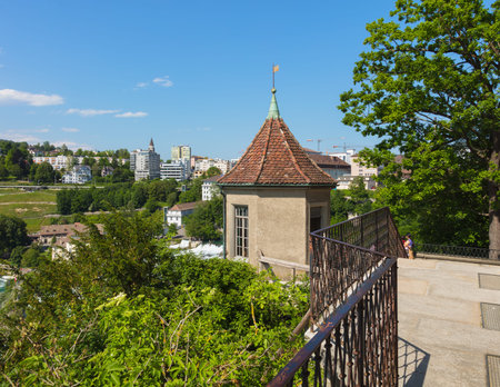 Laufen, Switzerland - June 7, 2019: view from the Laufen Castle, buildings of the town of Neuhausen...