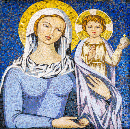 Religious mosaic of Virgin Mary holding Jesus Christの写真素材