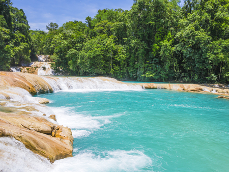 Turquoise water of Agua Azul falls, Chiapas, Mexicoの写真素材