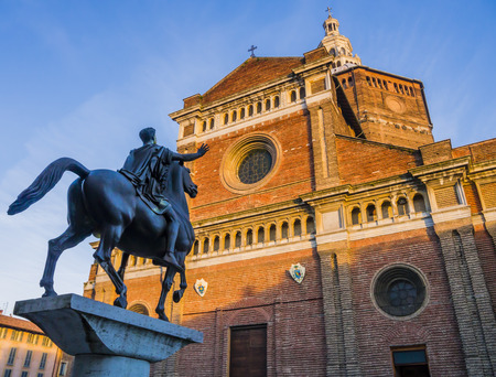 Close-up of Regisole equestrian monument in front of the Cathedral of Pavia, Lombardy, Italyのeditorial素材