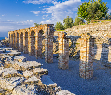 Scenic ruins of Grottoes of Catullus, roman villa in Sirmione,  Lake Garda, Italyの写真素材