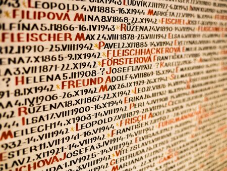 Detail of Pinkas Synagogue wall, covered with the names of the victims of the holocaust, Prague, Czech Republicの写真素材
