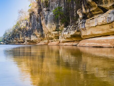 Stunning stone formations reflected on Manambolo river, Tsingy de Bemaraha Strict Nature Reserve, Madagascarの写真素材