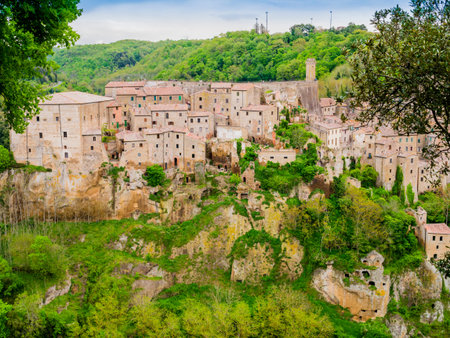 Picturesque view of Sorano, tuff mediaeval village in Tuscany, Italy