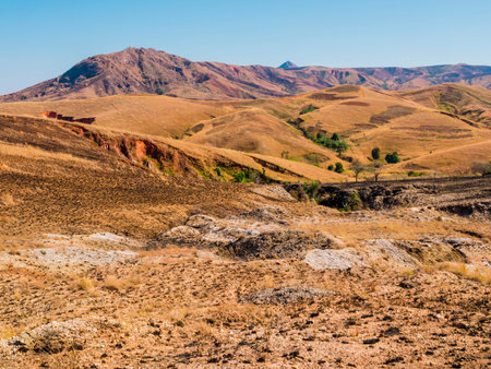 Stunning landscape with colorful mountains in the highlands of Madagascarの写真素材