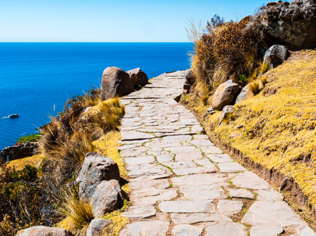 Impressive stone path on island Taquile, Lake Titicaca, Puno region, Peruの写真素材