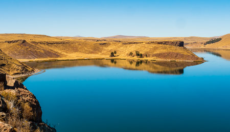 Lake Umayo with rocky shores, Sillustani archeological site, Puno region, Peruの写真素材