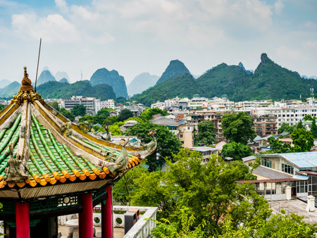 Panoramic view of Guilin and its karst mountains from Fubo Hill, Guangxi, Chinaの写真素材