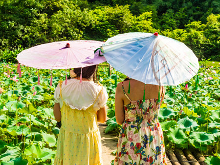 Two young girls with colourful umbrellas admire the lotus flower garden in Yangshuo, Chinaの写真素材