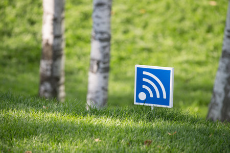 Wifi free area sign in a park on the green grass. The concept of freedom, the opportunity to work in...