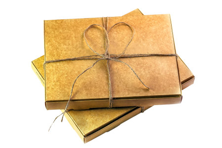 Two closed empty cardboard boxes for pizza or pie, tied with a string on a a white background....