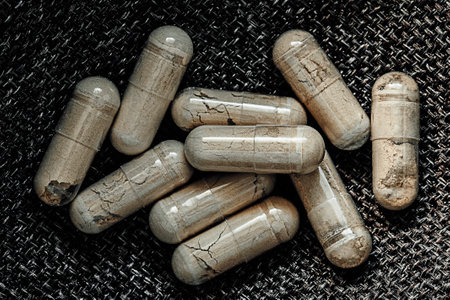 Capsules of pills on gray background. Close-up.の写真素材