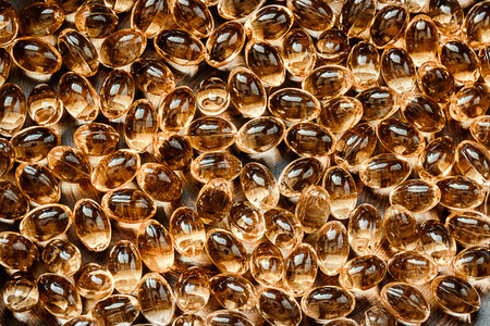 Omega 3 fish oil capsules on wooden background. Close up.の写真素材