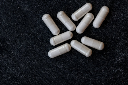 close-up of inositol capsules. dietary concept. dietary supplement topview.の写真素材