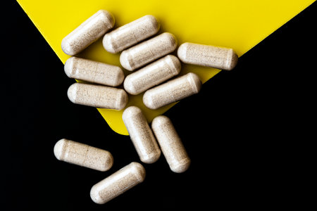 close-up of slippery elm capsules. dietary concept. dietary supplement topview.の写真素材