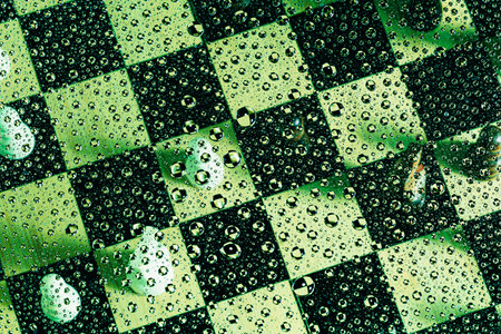 Water drops on checkered tablecloth. Abstract background and texture for design.の写真素材