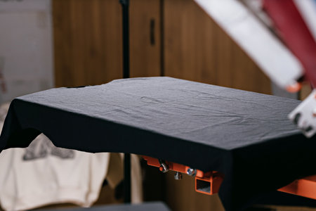 selective focus photo of blank black t-shirt on wooden shelve on the print screening apparatus. serigraphy production. printing images on t-shirts by silkscreen method in a design studioの写真素材