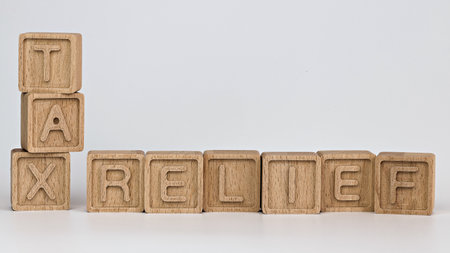 photo on tax relief theme. wooden cubes with the words "tax relief", on white background. photo with space for textの写真素材
