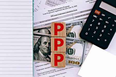 photo on ppp (paycheck protection program) theme. wooden cubes with the abbreviation "ppp", on the background of dollar bills,  calculator and ppp loan forgiveness application form revised. copy space for textの写真素材