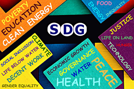 Photo on SDG (Sustainable Development Goals) theme. The acronym  "SDG" on a colorful background. Sustainable development concept imageの写真素材