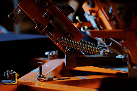 selective focus photo of print screening apparatus. serigraphy production. printing images on t-shirts by silkscreen method in a design studioの写真素材