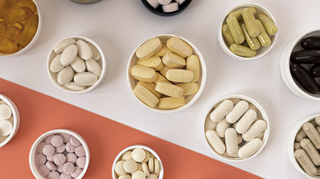 close-up of multivitamin biologically active supplements on white and coral background. mental...