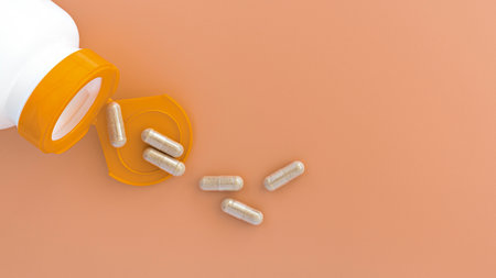 topview of ginkgo biloba extract capsules flying from the jar. dietary concept. dietary supplement close-upの写真素材