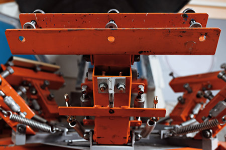 selective focus photo of print screening apparatus. serigraphy production. printing images on...