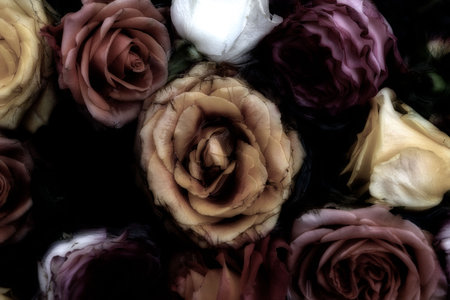 Colorful roses on black background. Close up. Floral pattern.の写真素材