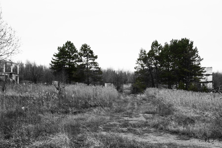 Old destroyed an abandoned multi-storey building in a military town where nobody livesの写真素材