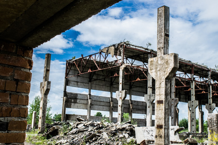 The destroyed building was an abandoned, unused brick factoryの写真素材
