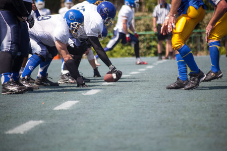 KHARKOV/UKRAINE - 7 JULY 2013: American football match between the teams of Ukrainian "Atlanta" against the "Scythians". Rugby 7 july Ukraine.のeditorial素材