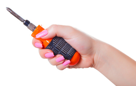 screwdriver in hand, isolated white backgroundの写真素材