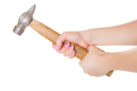 gavel wooden handle, isolated white backgroundの写真素材