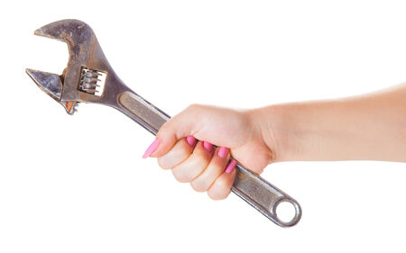 wrench in hand, isolated white backgroundの写真素材
