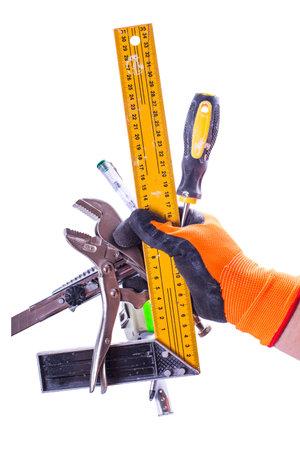 set of tools in male hand isolated on white backgroundの写真素材