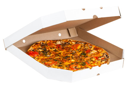 fresh pizza box isolated on a white backgroundの写真素材