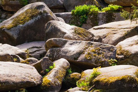 huge rocky boulders covered with moss closeupの写真素材