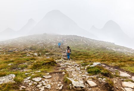 Tourists climb to the top of Hoverla in Carpathiansの写真素材