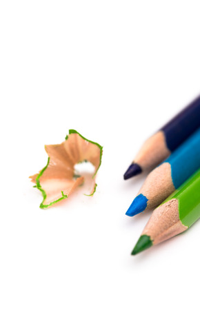 Three colored pencils on a white background isolatedの写真素材