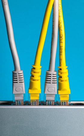 router with wires closeup on a blue background