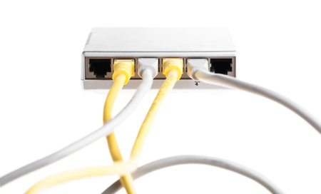 router with wires closeup on a white background