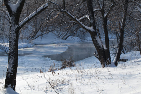 Winter rural landscape Frozen River in the forest
