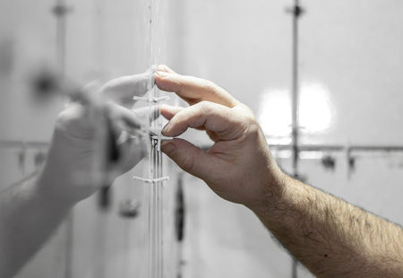 Worker tiler puts ceramic tiles on a wallの写真素材