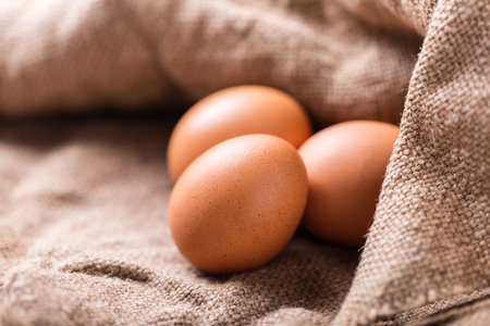 brown chicken eggs closeup on a vintage background