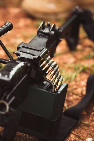 military weapon machine gun with ammunition closeupの写真素材