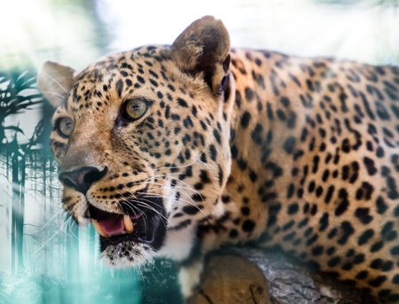 animal portrait leopard closeup lying on a logの写真素材