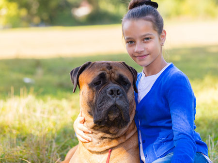 teen girl with the dog Bullmastiff outdoorsの写真素材