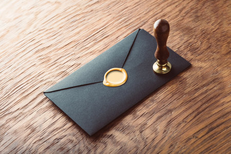 envelope with a stamp on the wooden backgroundの写真素材